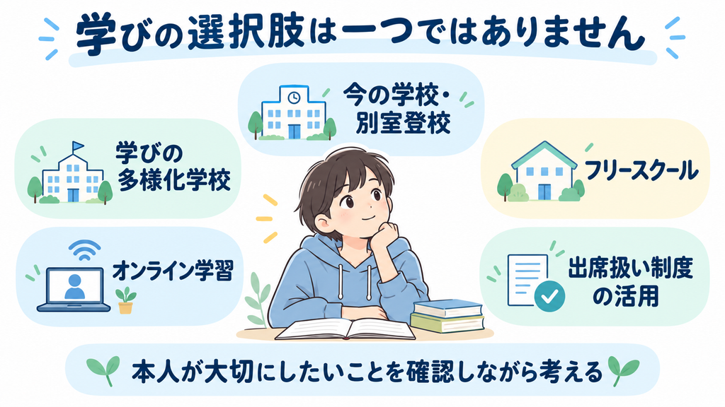 今の学校や別室登校、学びの多様化学校、フリースクール、オンライン学習、出席扱い制度など不登校の子どもの学びの選択肢
