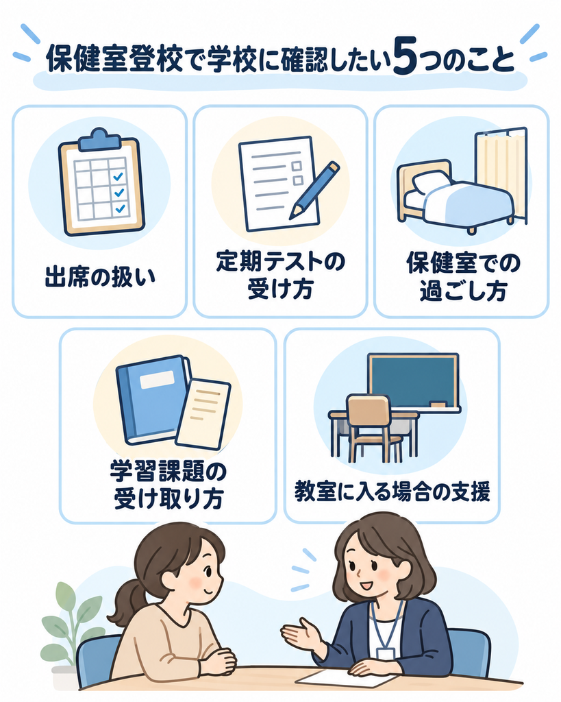  保健室登校について学校へ確認したい内容として、出席、定期テスト、保健室での過ごし方、学習課題、教室に入る場合の支援を示した図解