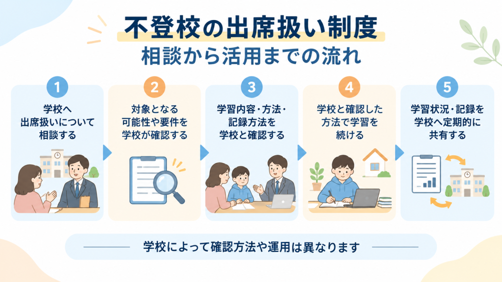 不登校の出席扱い制度について学校への相談から自宅学習の記録・共有までの流れ
