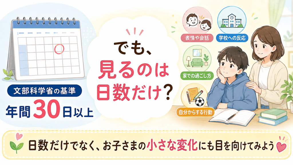 不登校は何日からかを考える際の年間30日以上という基準と、子どもの表情や会話などの変化を見る図解