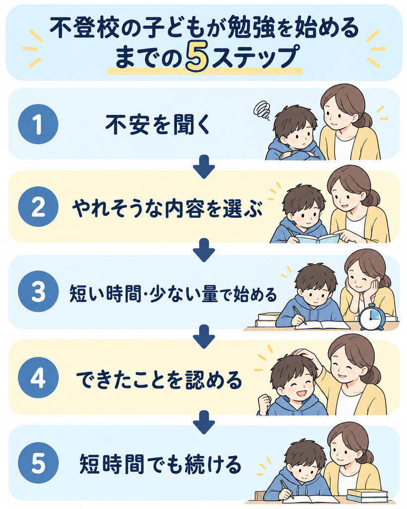  不登校の子どもが勉強を始めるまでの流れとして、不安を聞く、やれそうな内容を選ぶ、短い時間と少ない量で始める、できたことを認める、短時間でも続けるという5段階を示した図解